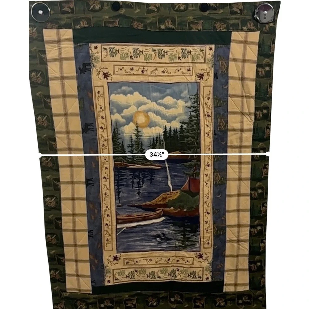 Rustic Wilderness Quilted Wall Hanging Lake Cabin Lodge Scene Moose Print 34x44